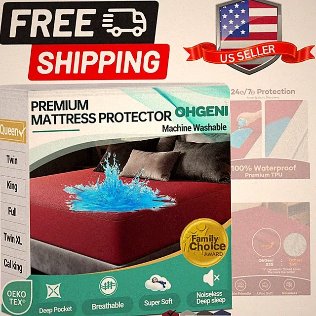 100% Waterproof Mattress Protector, Queen Size Red, Fitted Sheet with Deep Po...