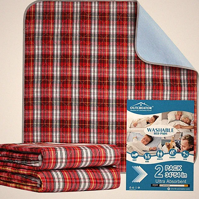 2 Pack Washable Bed Pads 34x54 Inch Red Plaid Incontinence Mattress Protector