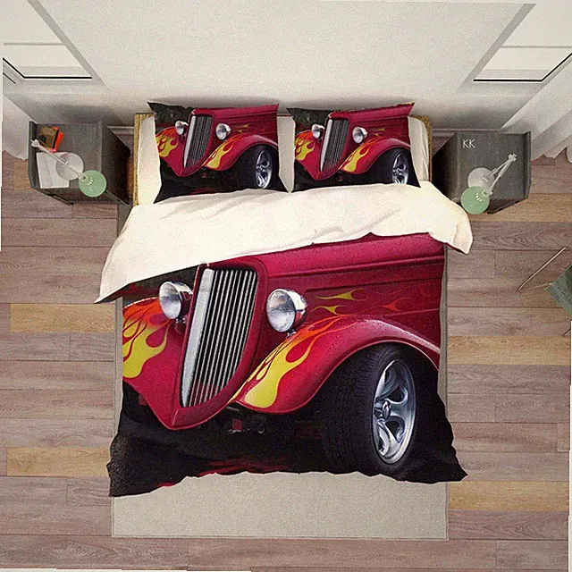 3D Car Retro Red Quilt Cover Set Bedding Sets Pillowcases 64