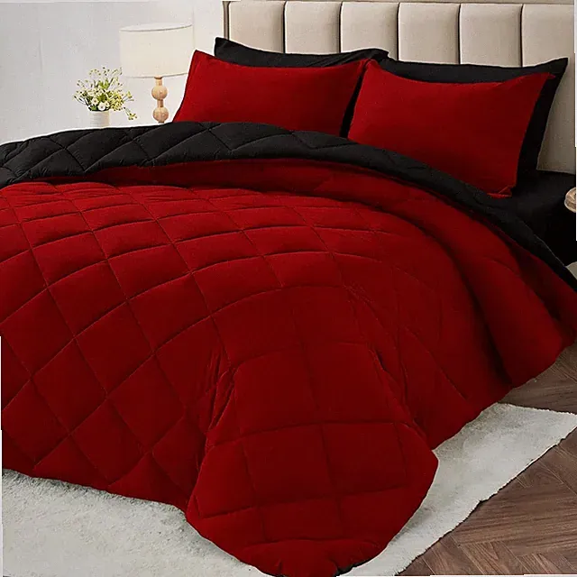 7 Piece Queen Comforter Set Reversible Bed in a Bag All Season Red Black