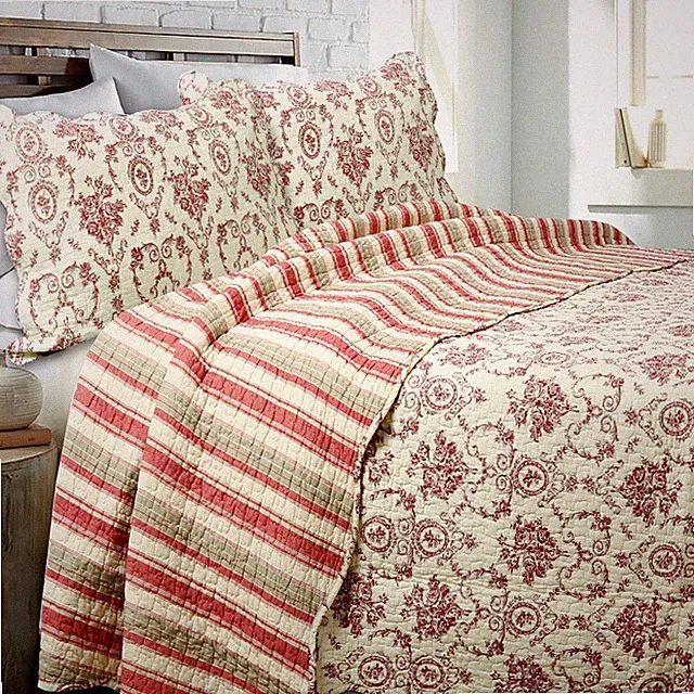 French Medallion Burgundy Red 100% Cotton Quilt Set, Bedspread, Coverlet