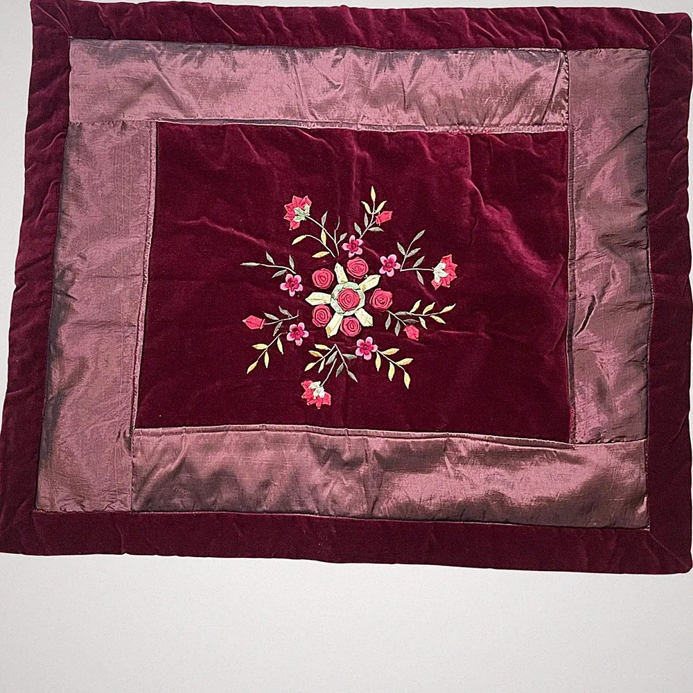 Pair Peking Handicraft Burgundy Velvet Ribbon Embroidery Standard Pillow Shams